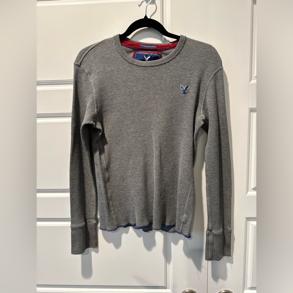 Y2K American Eagle Waffle Thermal Long Sleeve Gray Contrasting Red Size Small